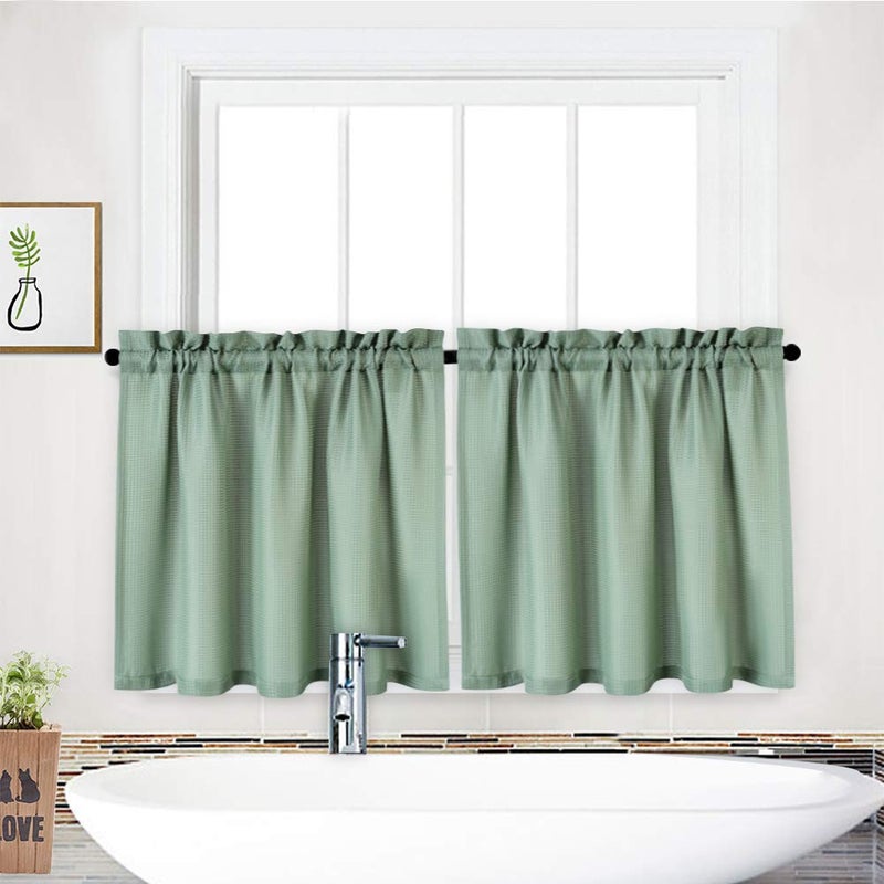 NANAN Waffle Woven Textured Short Curtains for Bathroom Waterproof Window Covering for Kitchen - 30" x 30", Sage, Set of 2 - Image 1